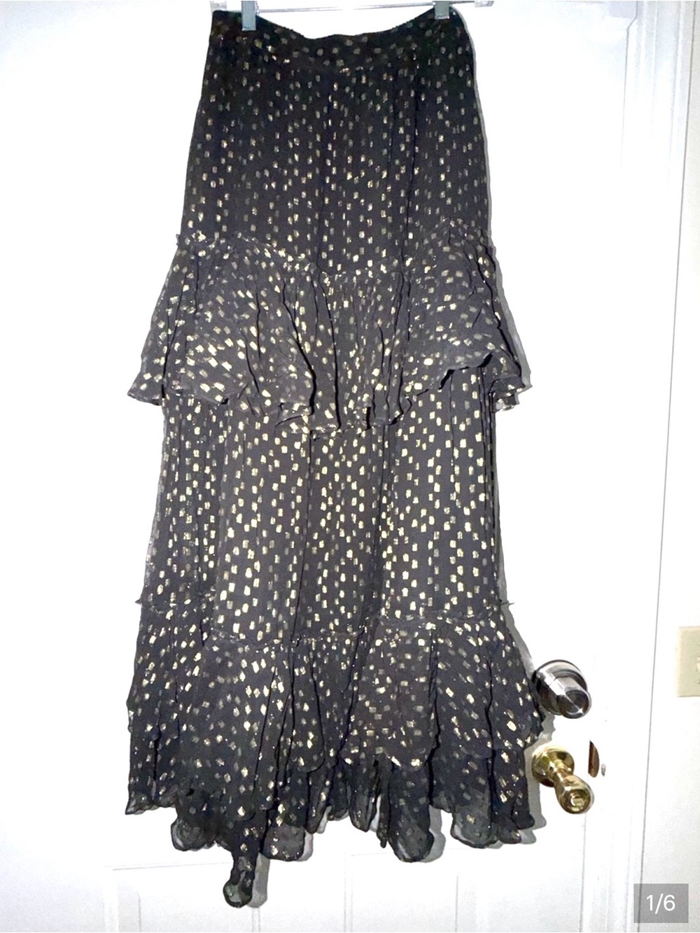 Rococo Sand Black Tiered Ruffle Maxi Skirt with Gold Dot Print. Sz M
